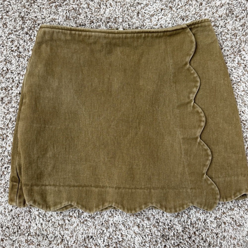 Olive Cotton Scalloped Hem Skirt